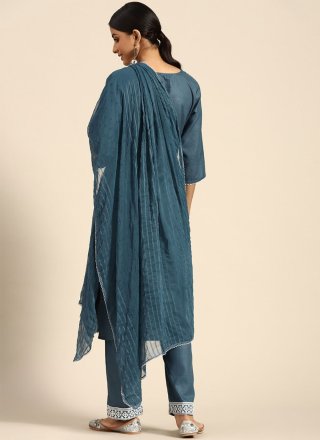 Blended Cotton Embroidered Pant Style Suit in Blue