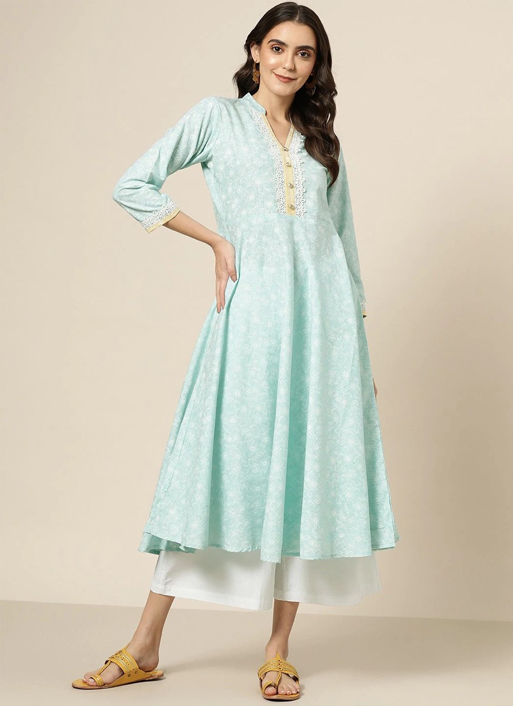 Blended Cotton Printed Blue Casual Kurti