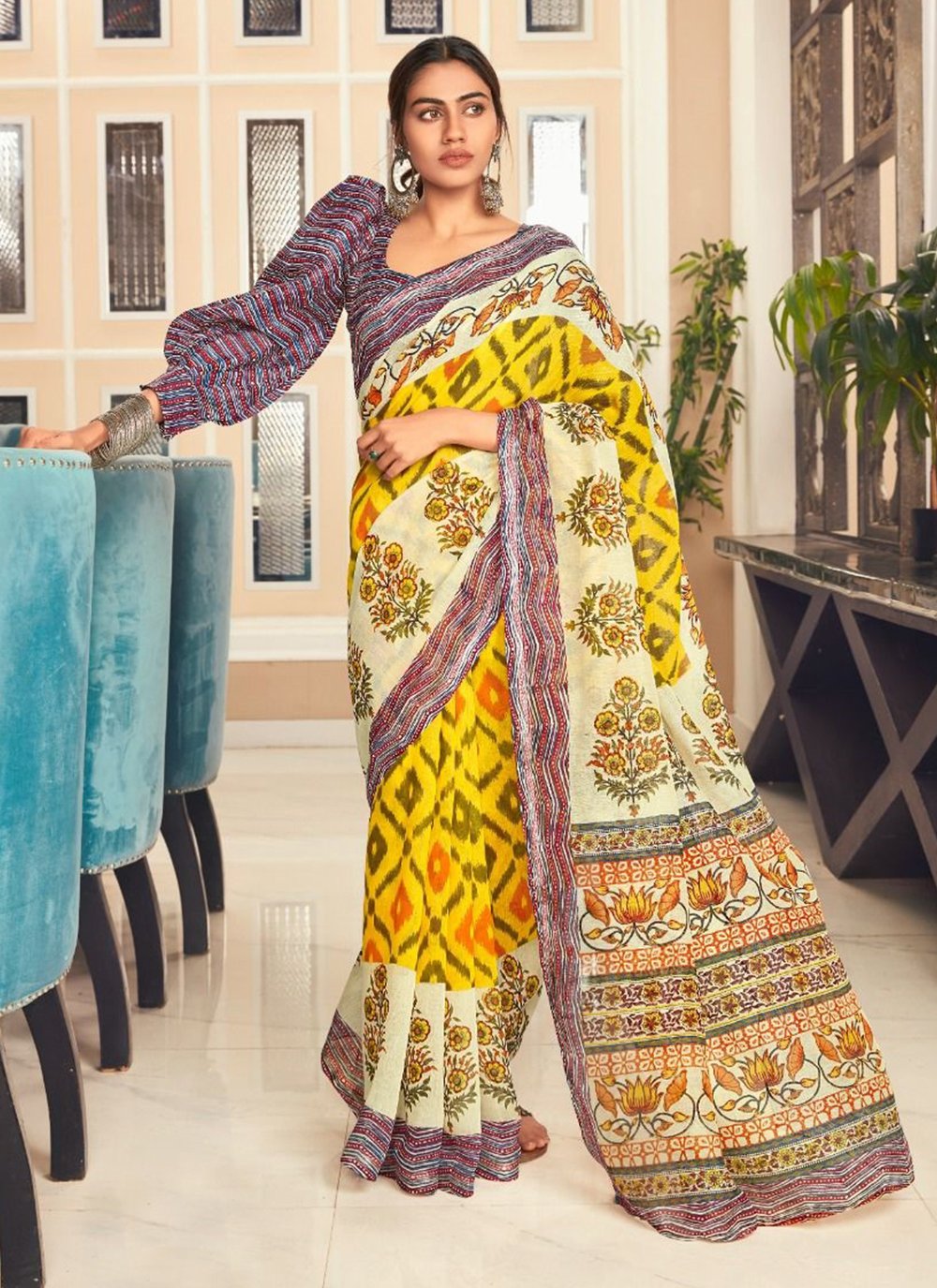 Creative and Rich Design Linen Hand Block Print Natural Vegetable Print  Saree with Blouse