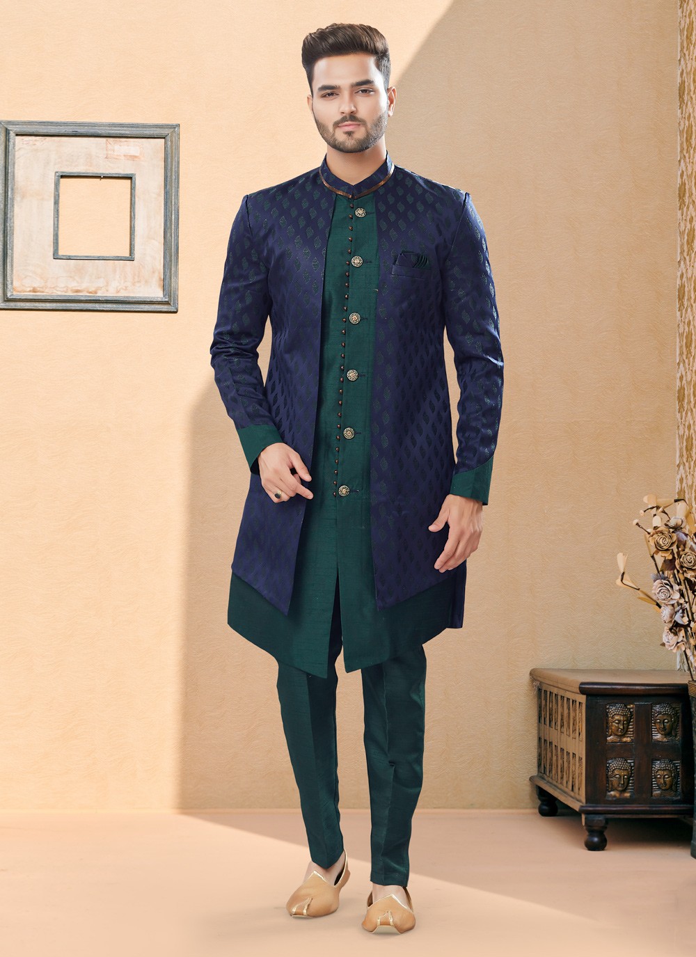 Green indo western sherwani best sale