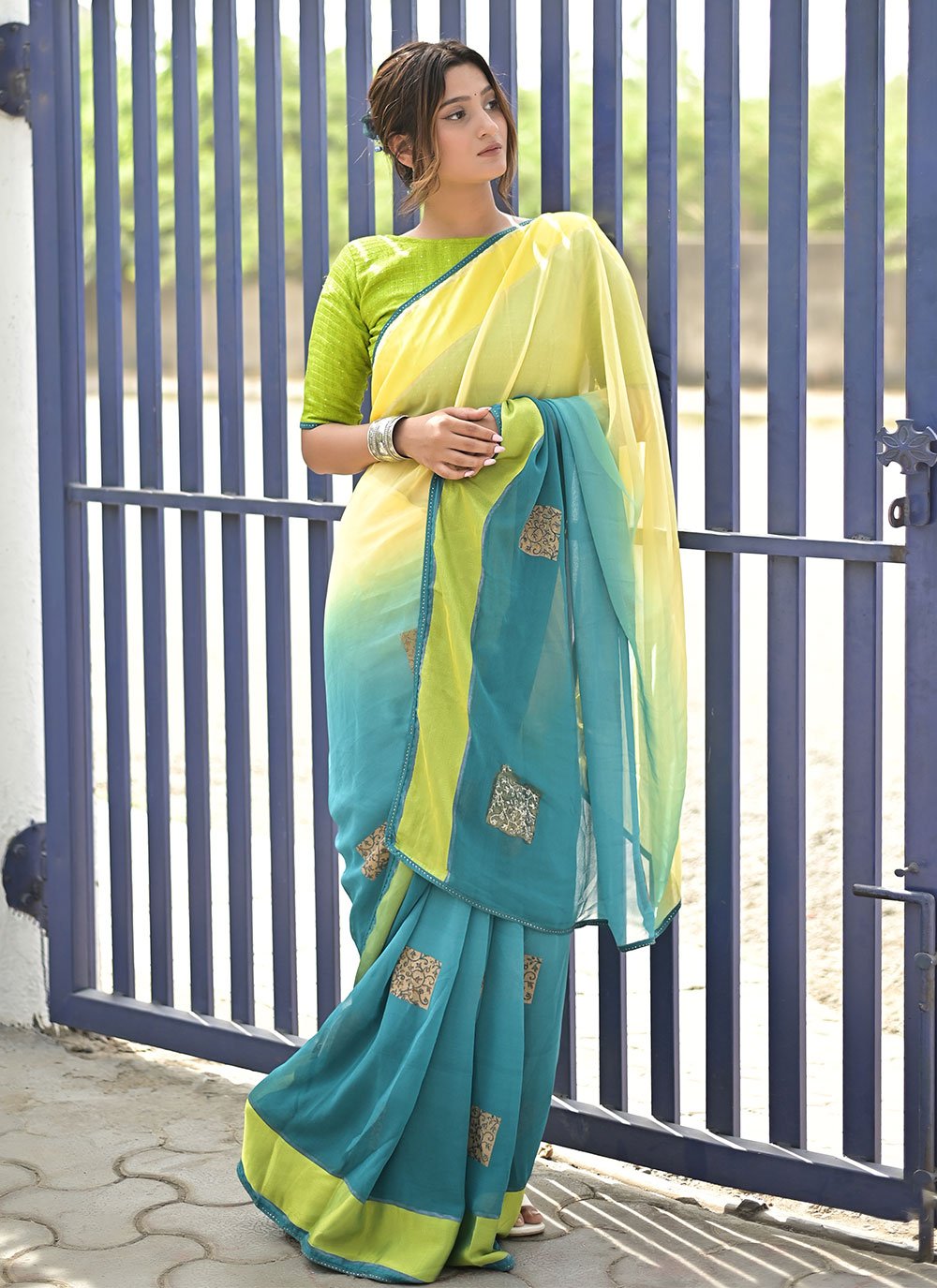 Blue and Green Color Shaded Saree