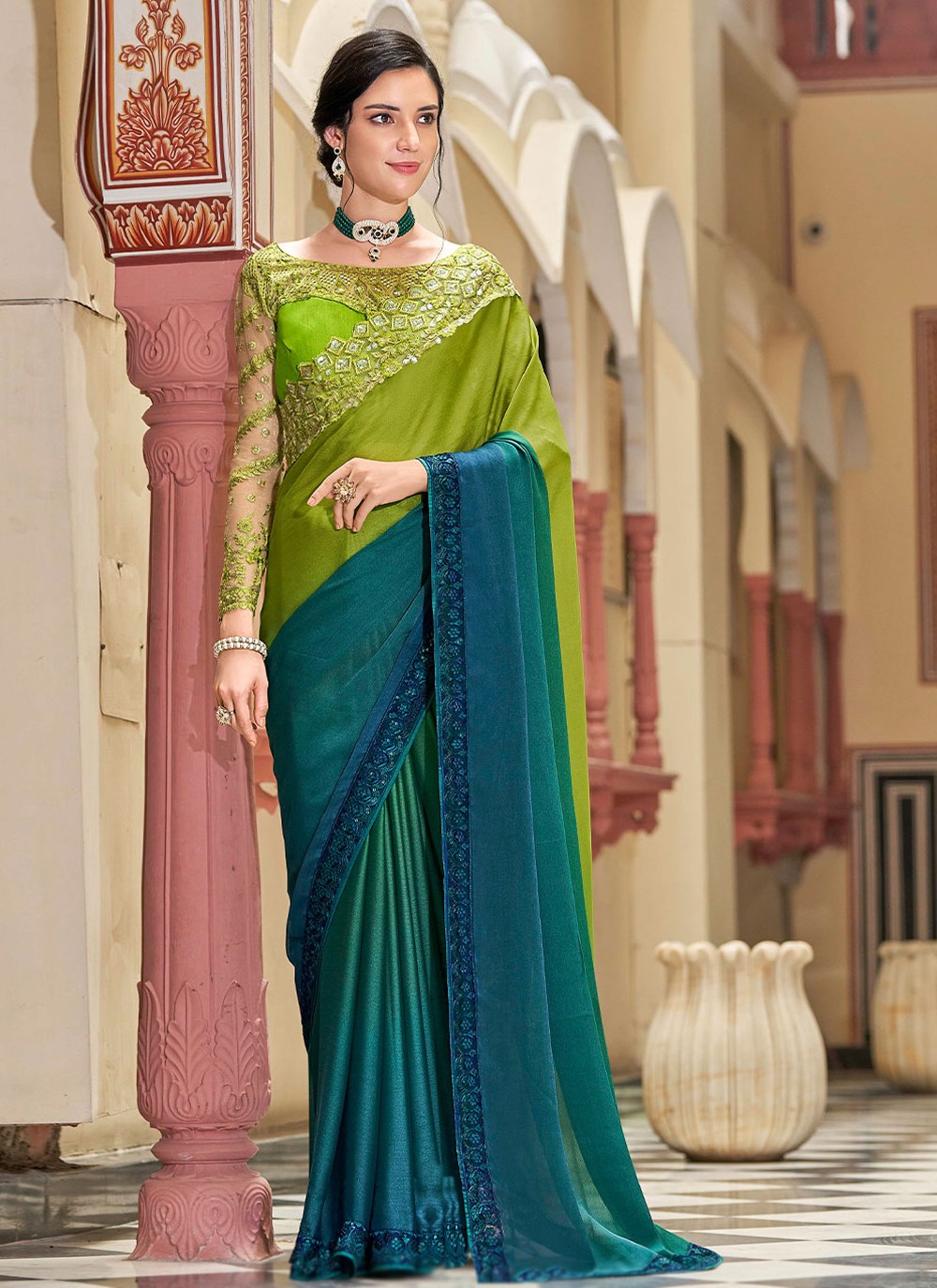 Blue and Green Silk Contemporary Saree