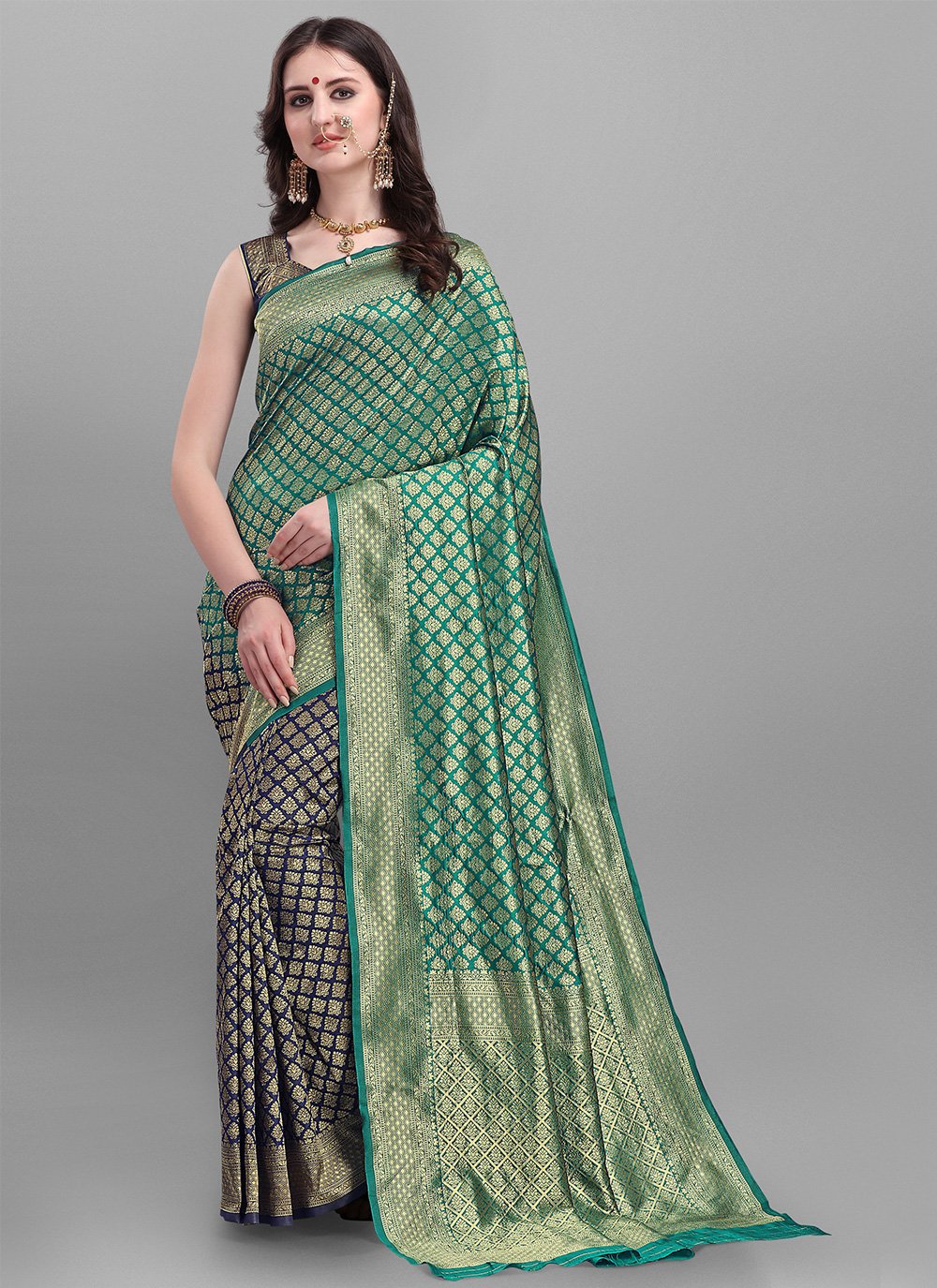 Blue and Green Weaving Banarasi Silk Shaded Saree
