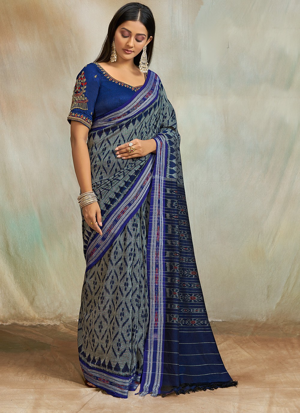 Blue and Grey Cotton Festival Printed Saree