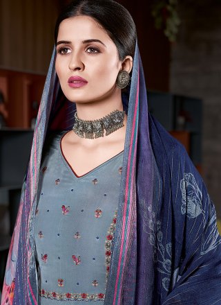 Blue and Grey Embroidered Faux Crepe Designer Pakistani Salwar Suit