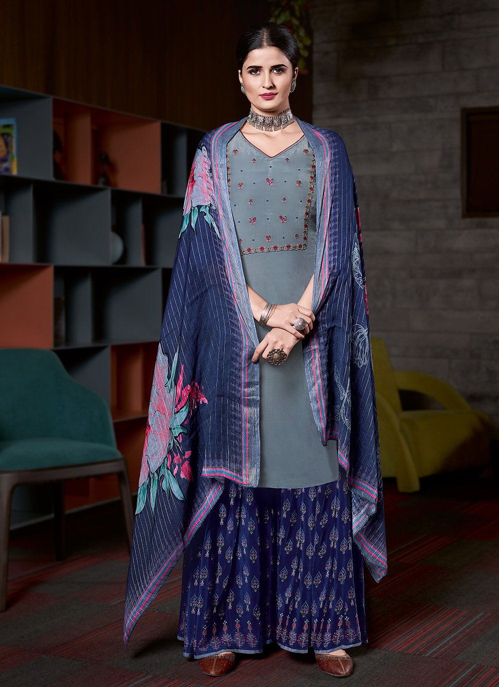 Blue and Grey Embroidered Faux Crepe Designer Pakistani Salwar Suit