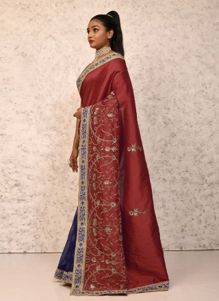 Blue and Magenta Embroidered Party Contemporary Saree