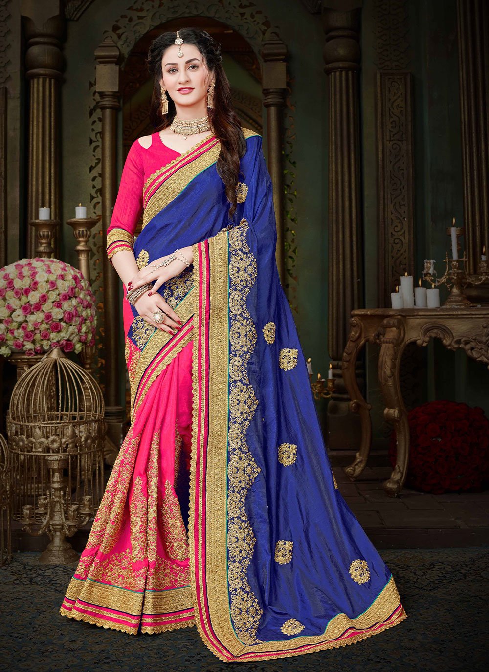 Blue and Pink Art Silk Designer Half N Half Saree