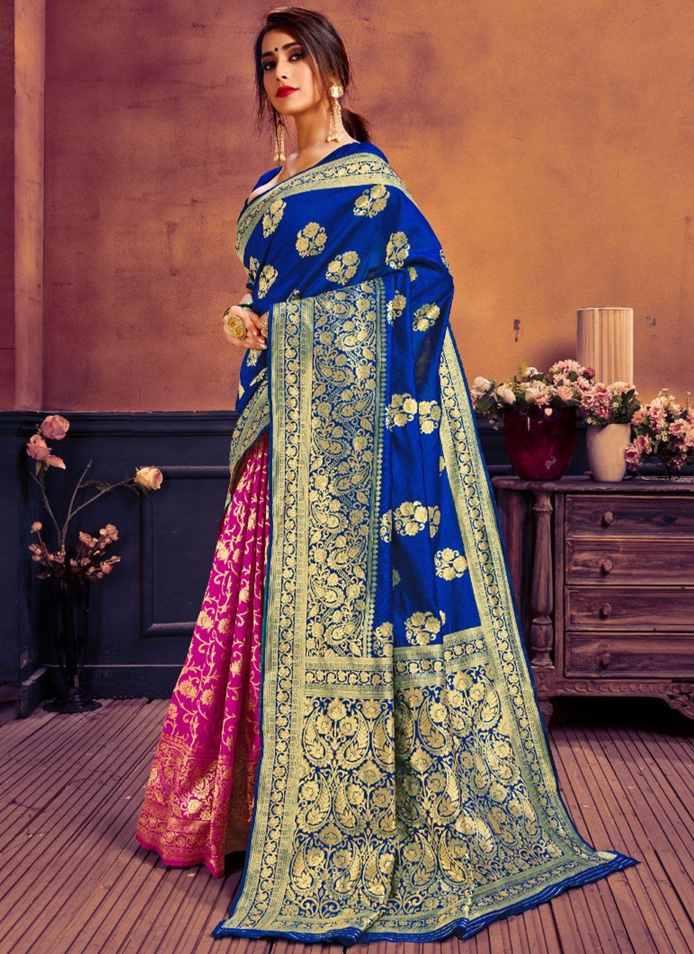 Blue and Pink Ceremonial Shaded Saree