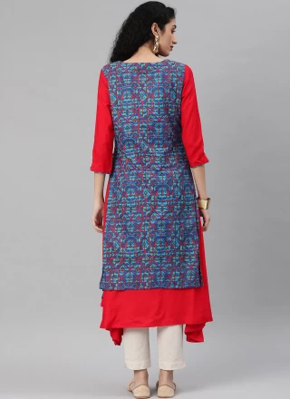 Blue and Red Printed Party Wear Kurti