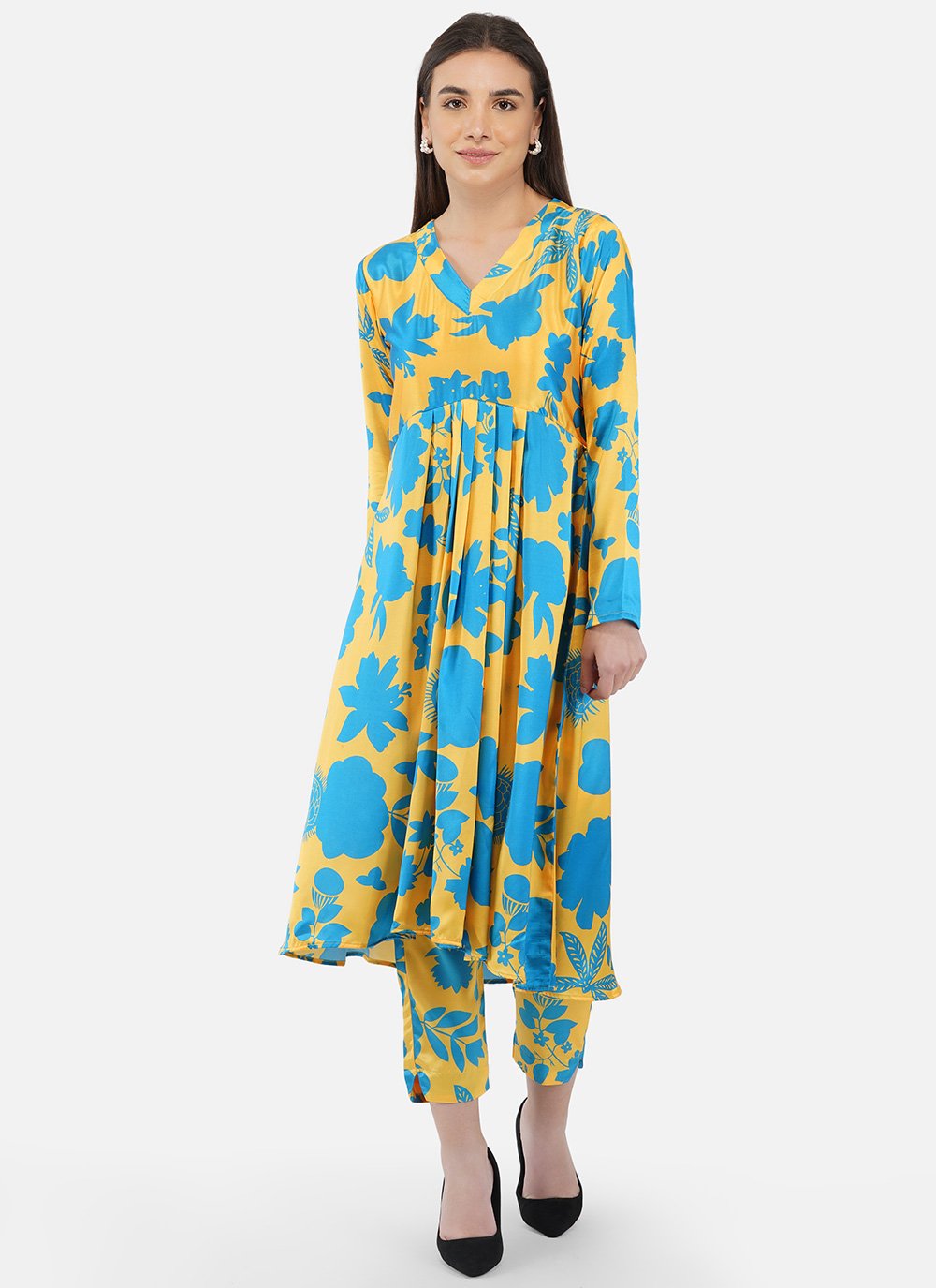 Blue and Yellow Printed Satin Designer Kurti
