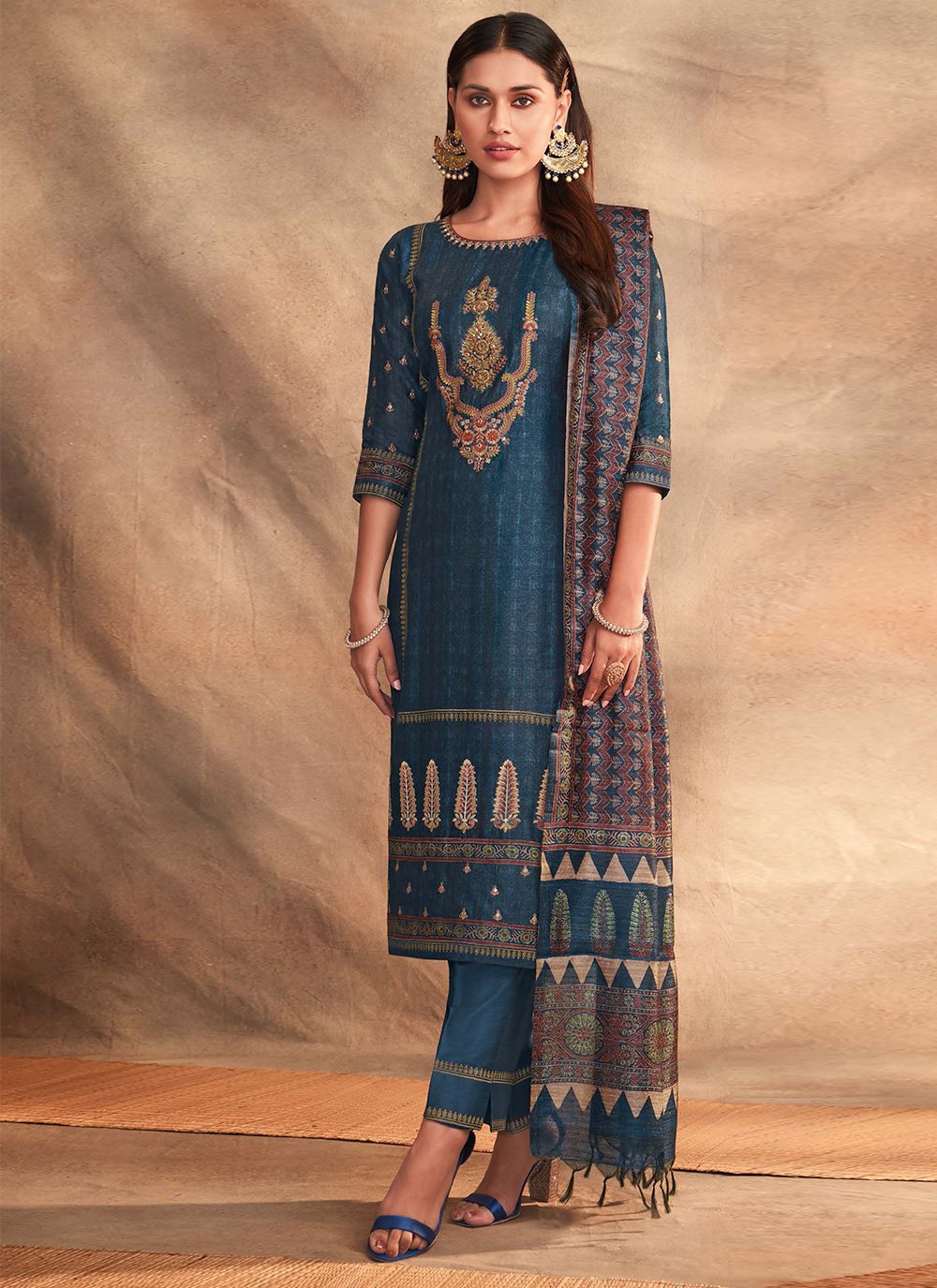 Blue Chanderi Silk Festival Pant Style Suit