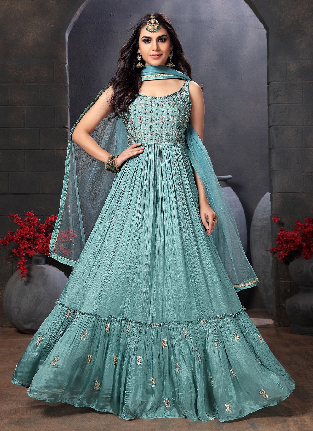 Blue Chinon Embroidered Readymade Layered Gown 