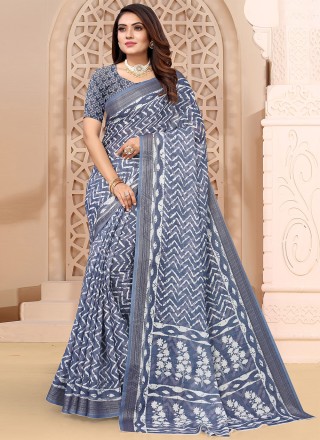Blue Color Printed Saree