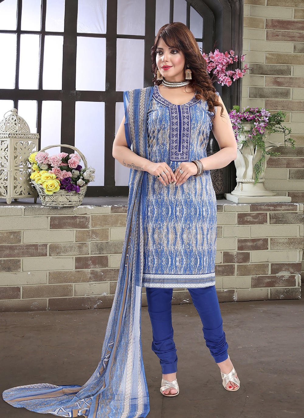 Blue Cotton Embroidered Churidar Designer Suit
