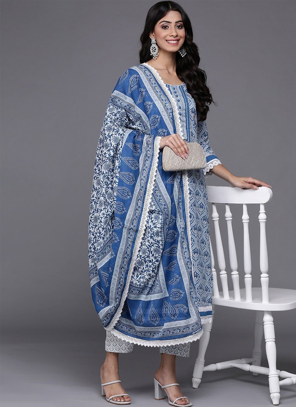 Blue Cotton Gota Work Readymade Salwar Suit