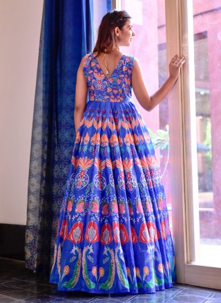Blue Digital Print Muslin Readymade Gown