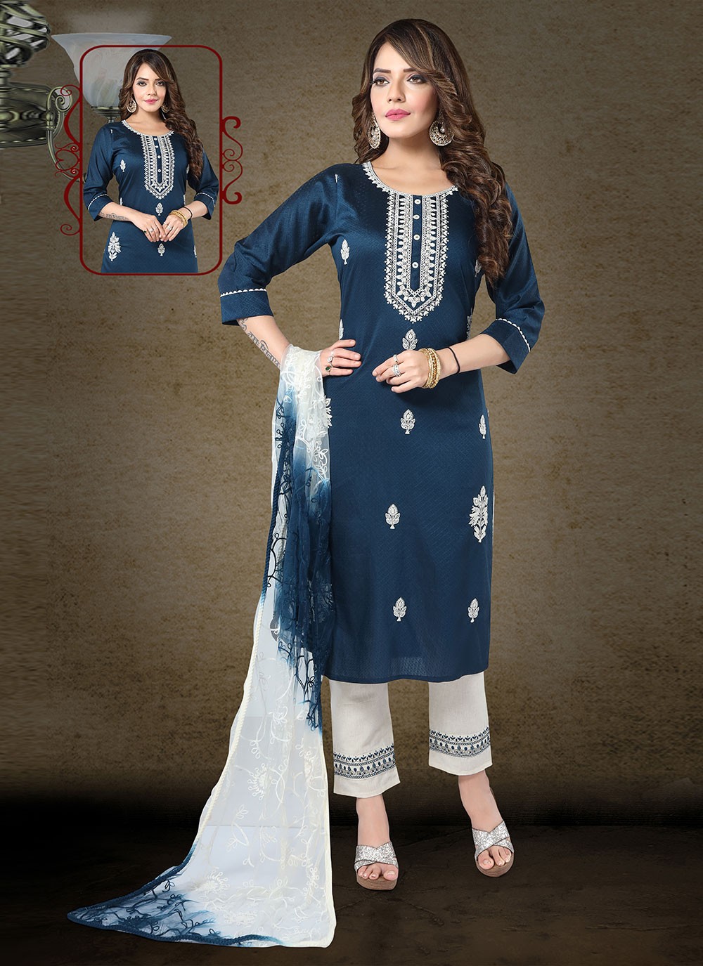 Blue Embroidered Ceremonial Readymade Salwar Suit