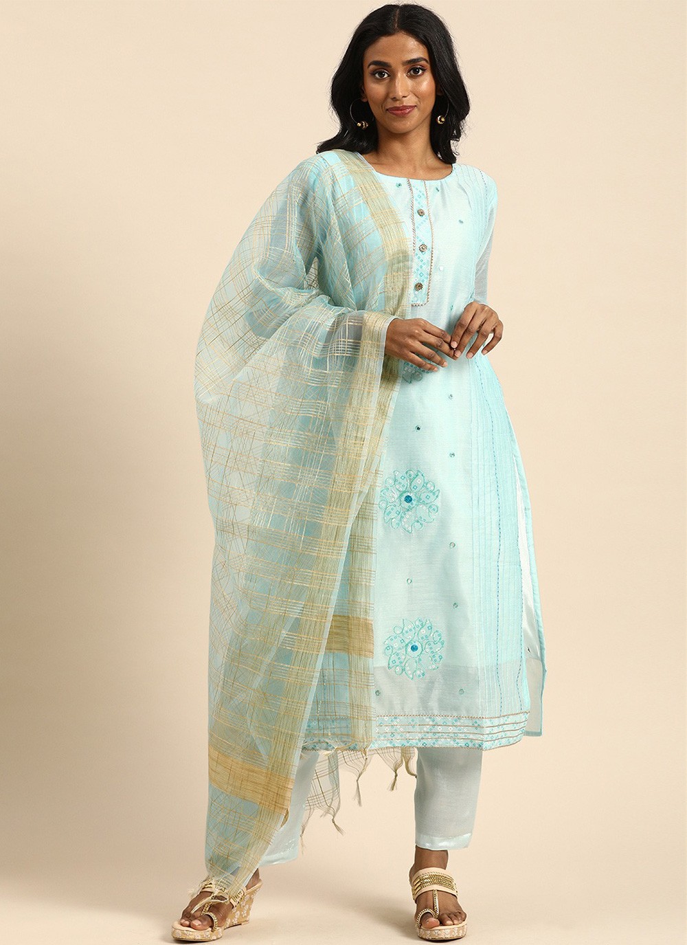 Blue Embroidered Chanderi Designer Straight Suit