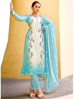 Blue Embroidered Faux Chiffon Pant Style Suit