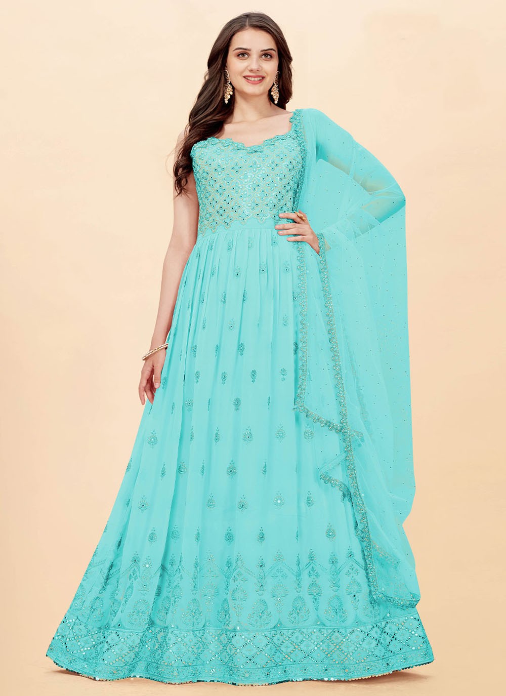 Blue Embroidered Faux Georgette Anarkali Salwar Suit