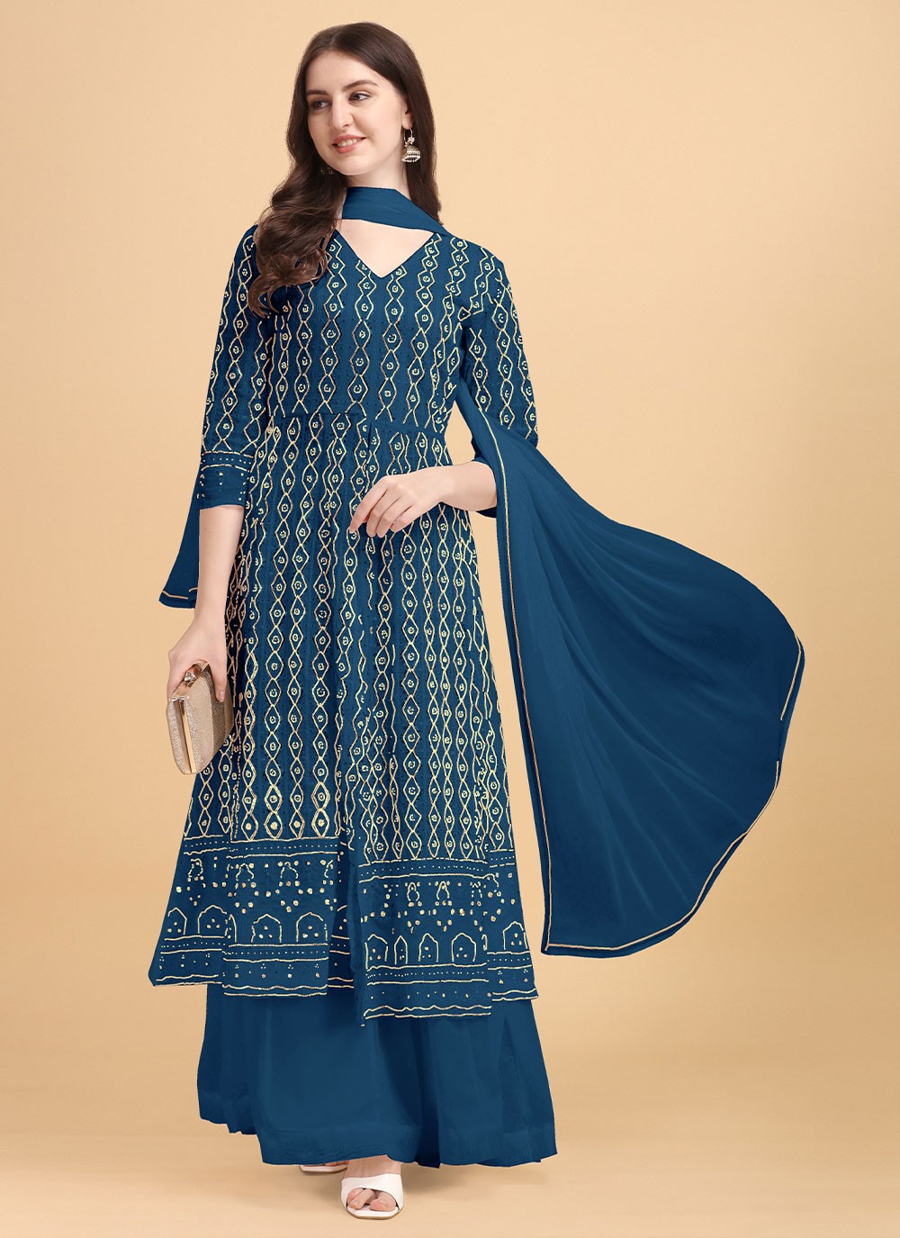 Blue Embroidered Faux Georgette Designer Palazzo Suit