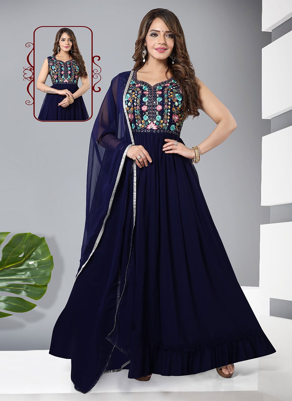 Blue Embroidered Faux Georgette Gown 