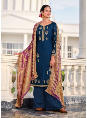 Blue Embroidered Georgette Satin Designer Pakistani Salwar Suit