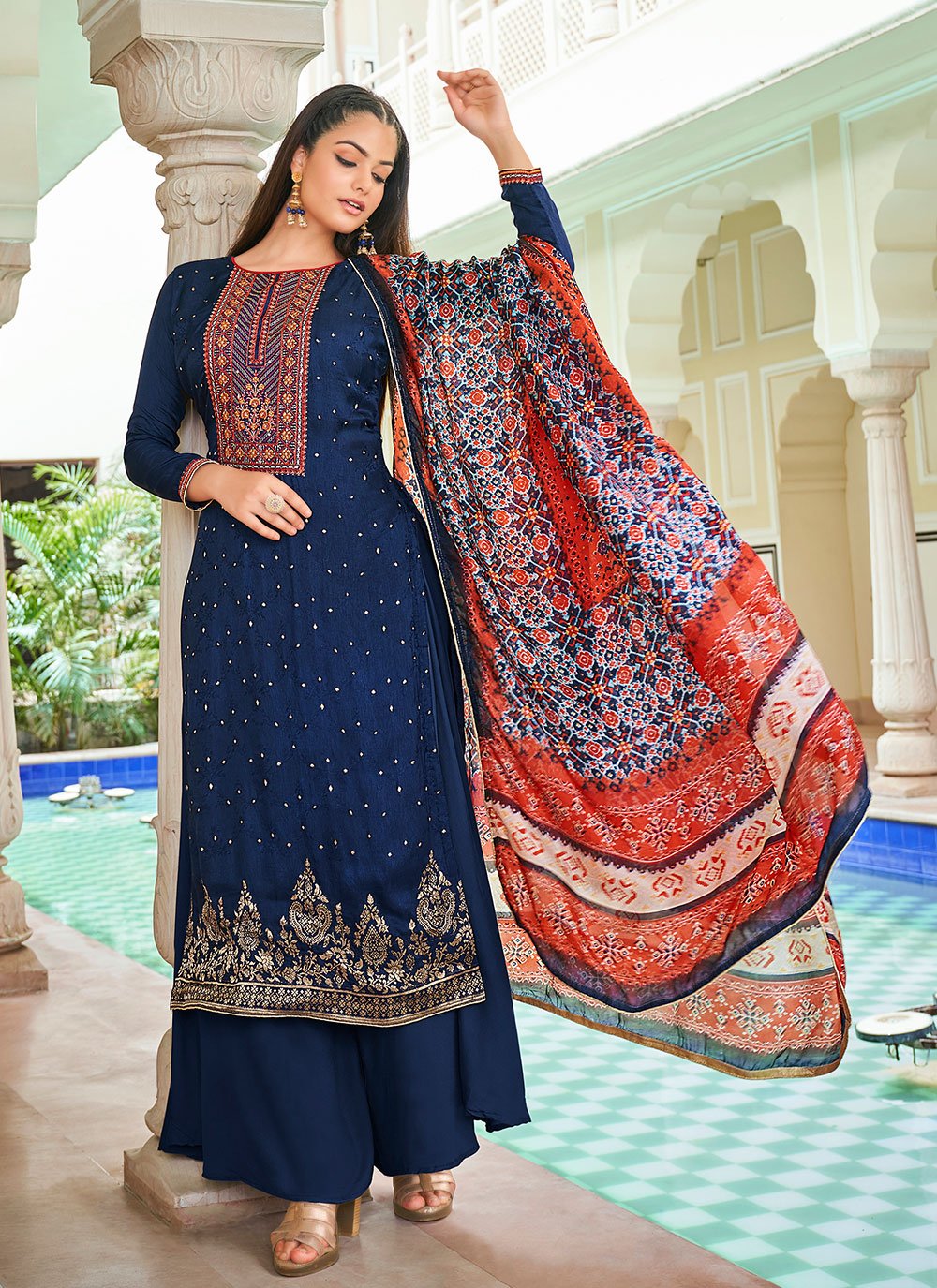 Blue Embroidered Jacquard Silk Designer Pakistani Suit