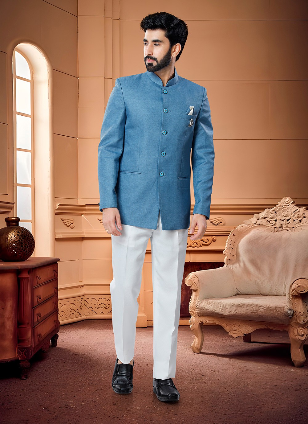 blue fancy fabric mehndi jodhpuri suit 241206