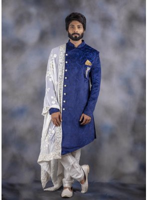 Blue Fancy Jacquard Silk Indo Western Sherwani