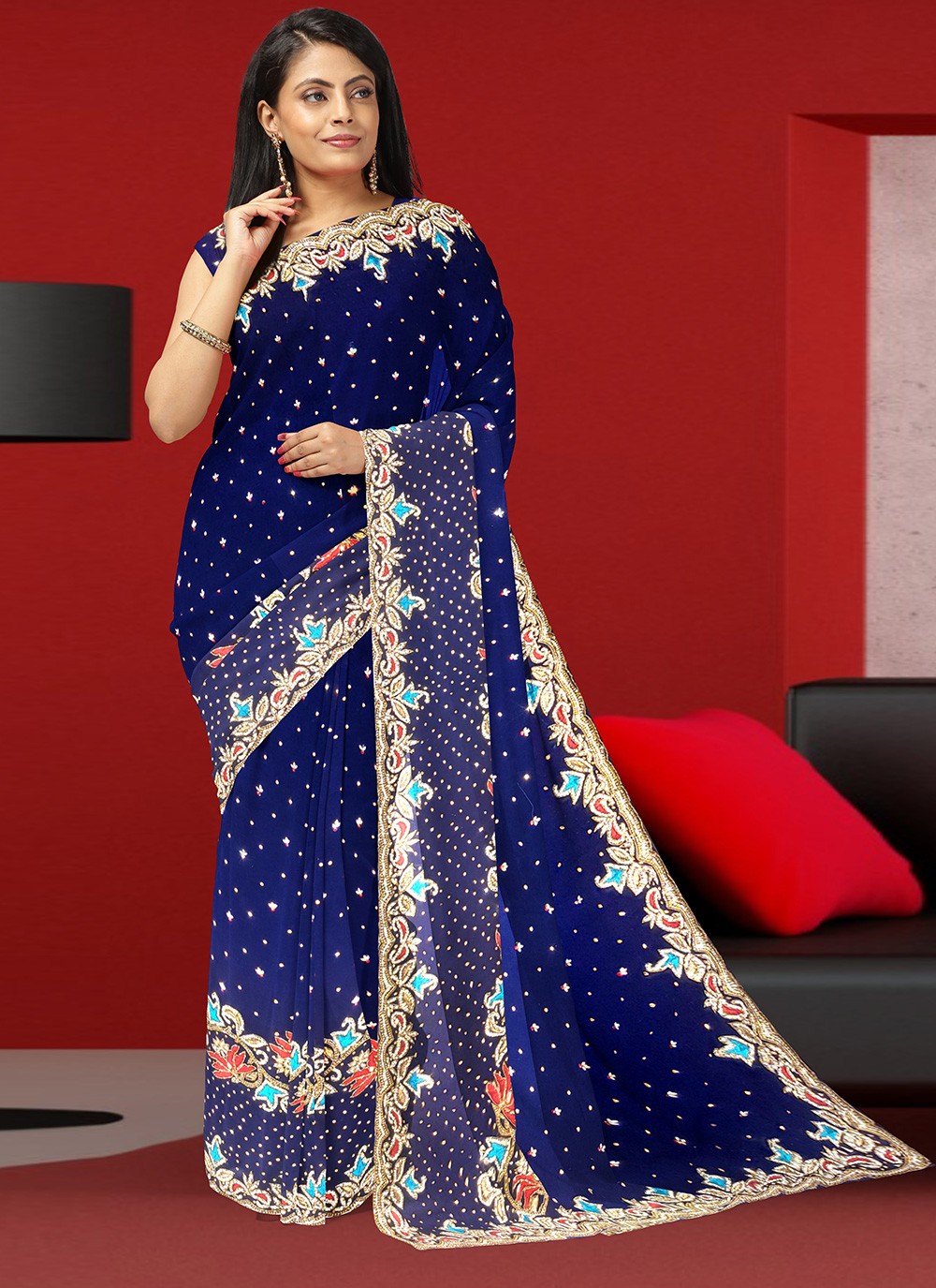 Blue Fancy Mehndi Designer Saree