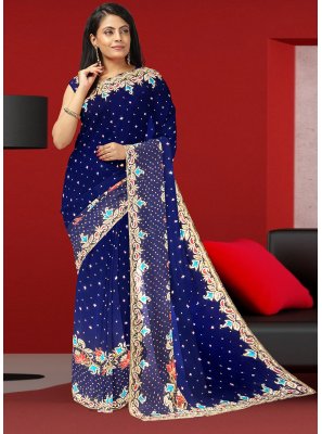 Blue Fancy Mehndi Designer Saree