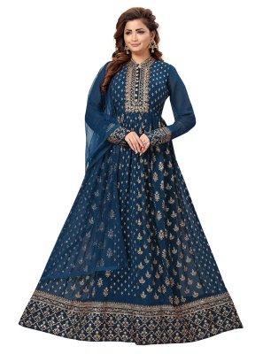 Blue Faux Georgette Embroidered Trendy Salwar Suit