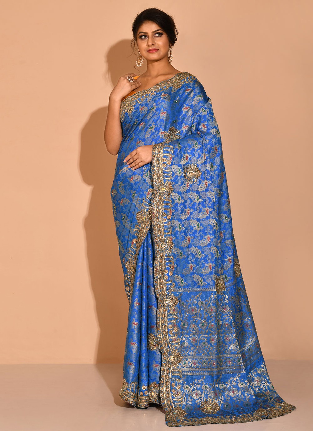 Royal Blue And Pink Embroidery Traditional Satin Silk Saree - Hijab Online