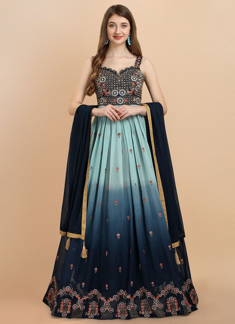Blue Handwork Party Readymade Gown