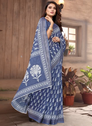 Blue Linen Casual Printed Saree