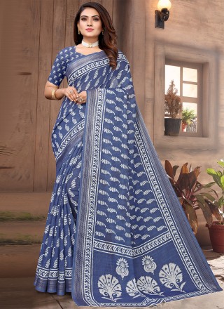 Blue Linen Casual Printed Saree