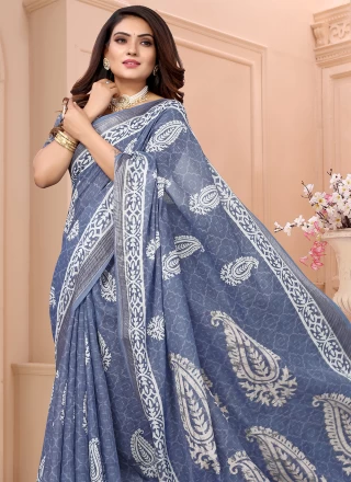 Blue Linen Trendy Saree