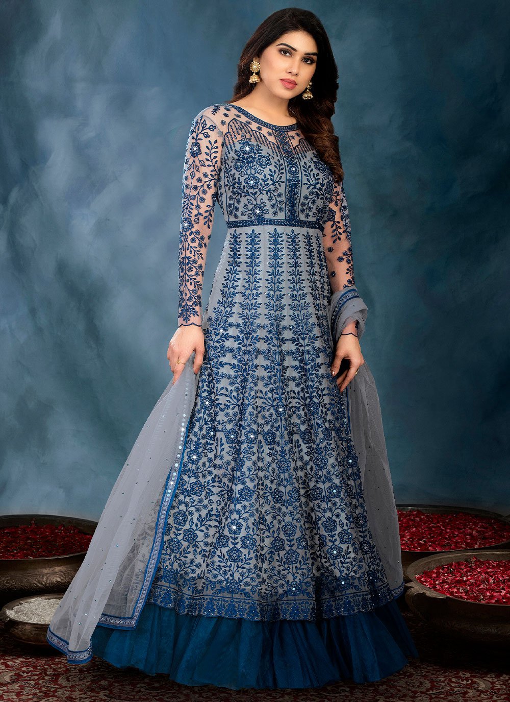 Blue Net Designer Floor Length Salwar Suit