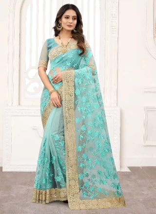 Blue Net Embroidered Classic Saree