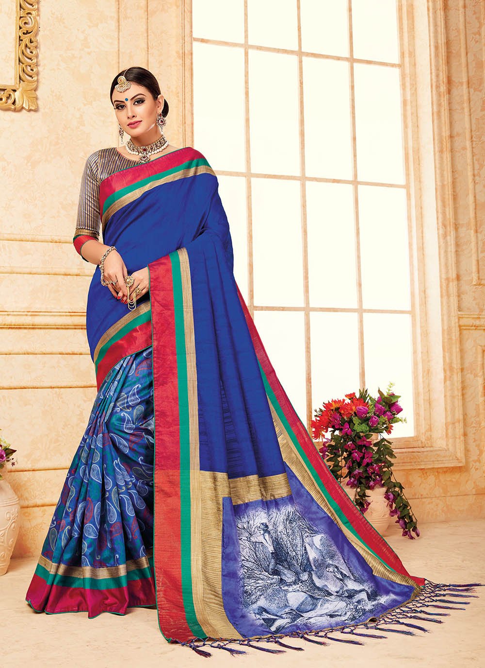 Blue Printed Bhagalpuri Silk Designer Half N Half Saree buy online -