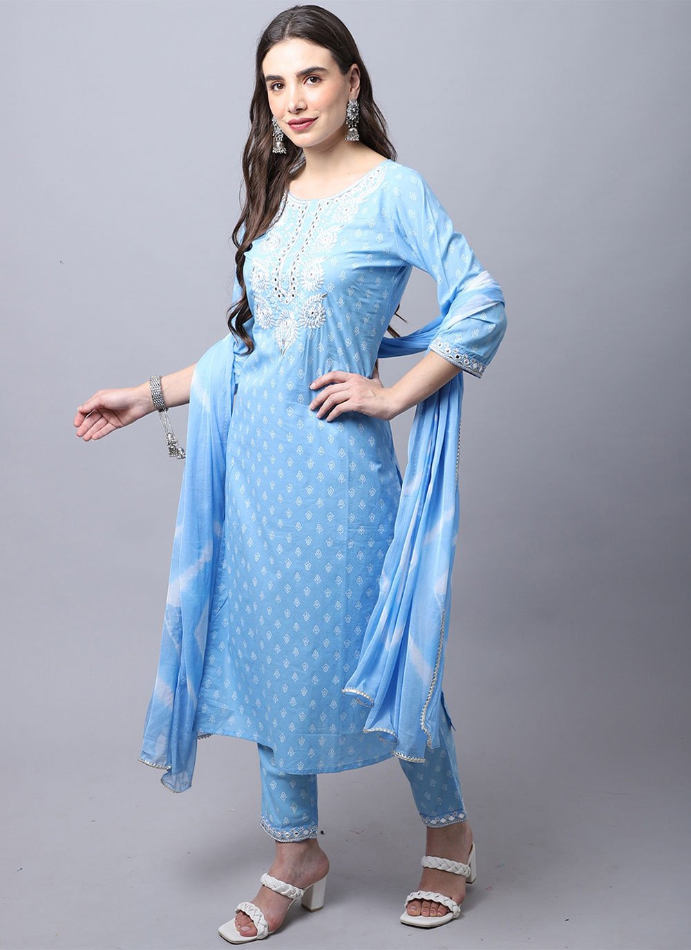 Shop Blue Printed Casual Readymade Designer Suit Online : 235652 