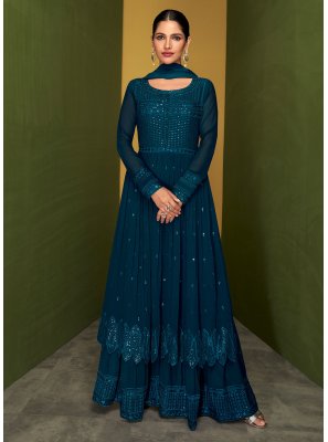 Blue Pure Georgette Embroidered Readymade Salwar Suit