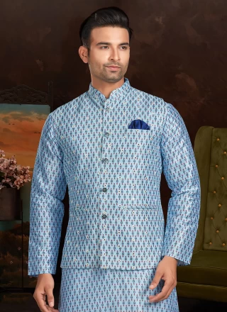 Blue Thread Work Silk Nehru Jackets
