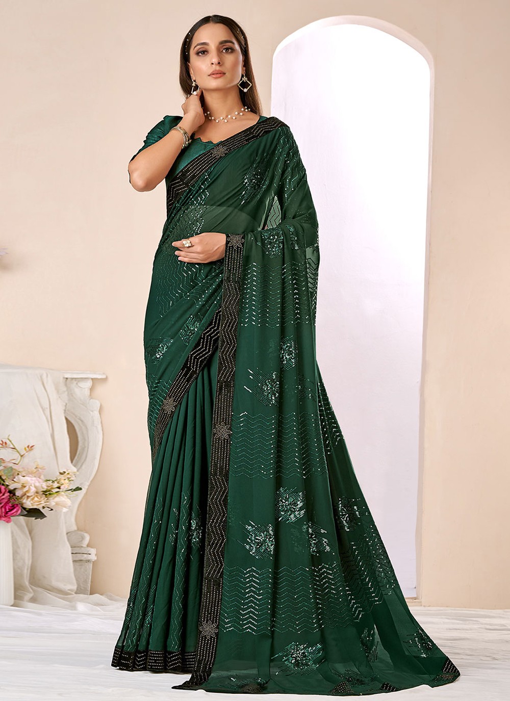 Border Georgette Green Traditional Saree