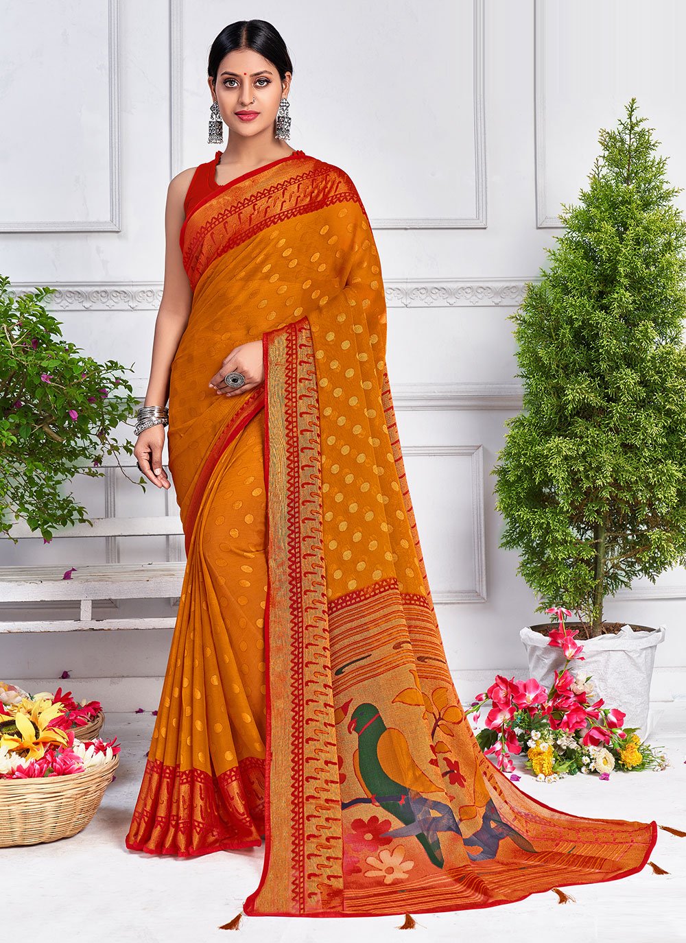 Patola Printed Art Silk Brasso Saree in Mustard : SKGA1159