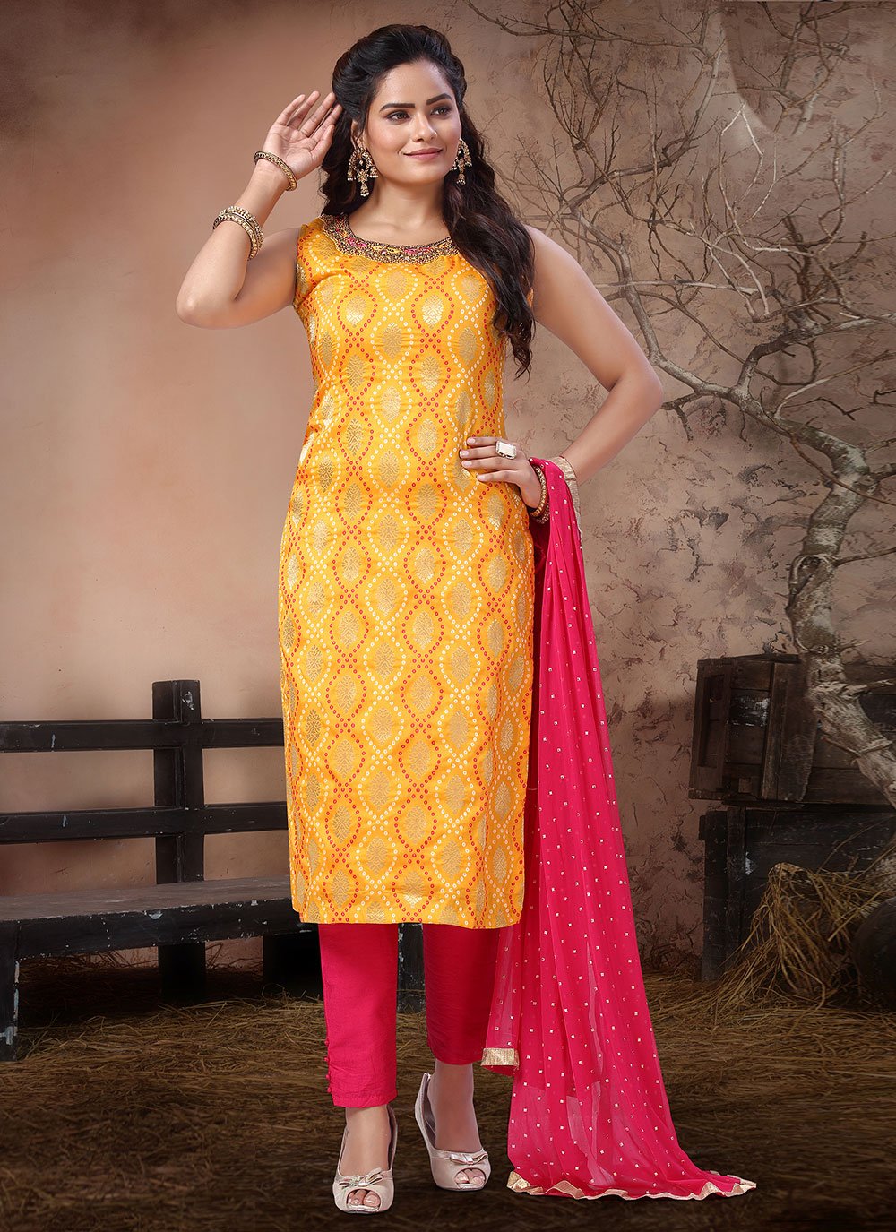 Orange Brocade Punjabi Dress Patterns Brocade Yellow Pant Style