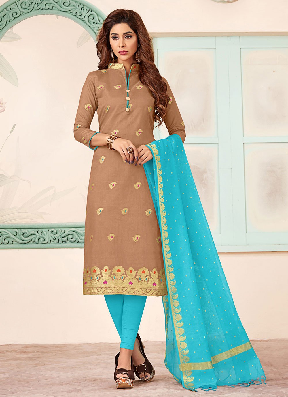 Brown Banarasi Jacquard Plain Pakistani Salwar Suit