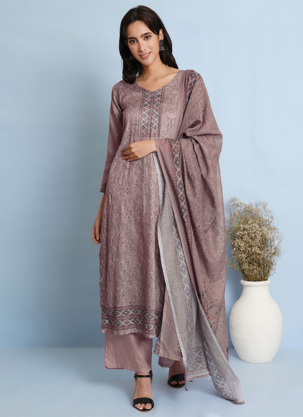 Brown Digital Print Cotton Salwar Suit